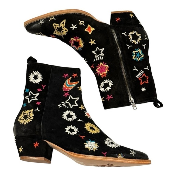 FREE PEOPLE Bowers Embroidered Ankle Boots Black Suede Size 38.5 - Picture 5 of 11